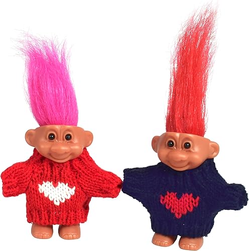 2 muñecas retro Lucky Troll en suéteres tejidos a mano, coloridos, adorables, ideales para colecciones, proyectos escolares, manualidades y