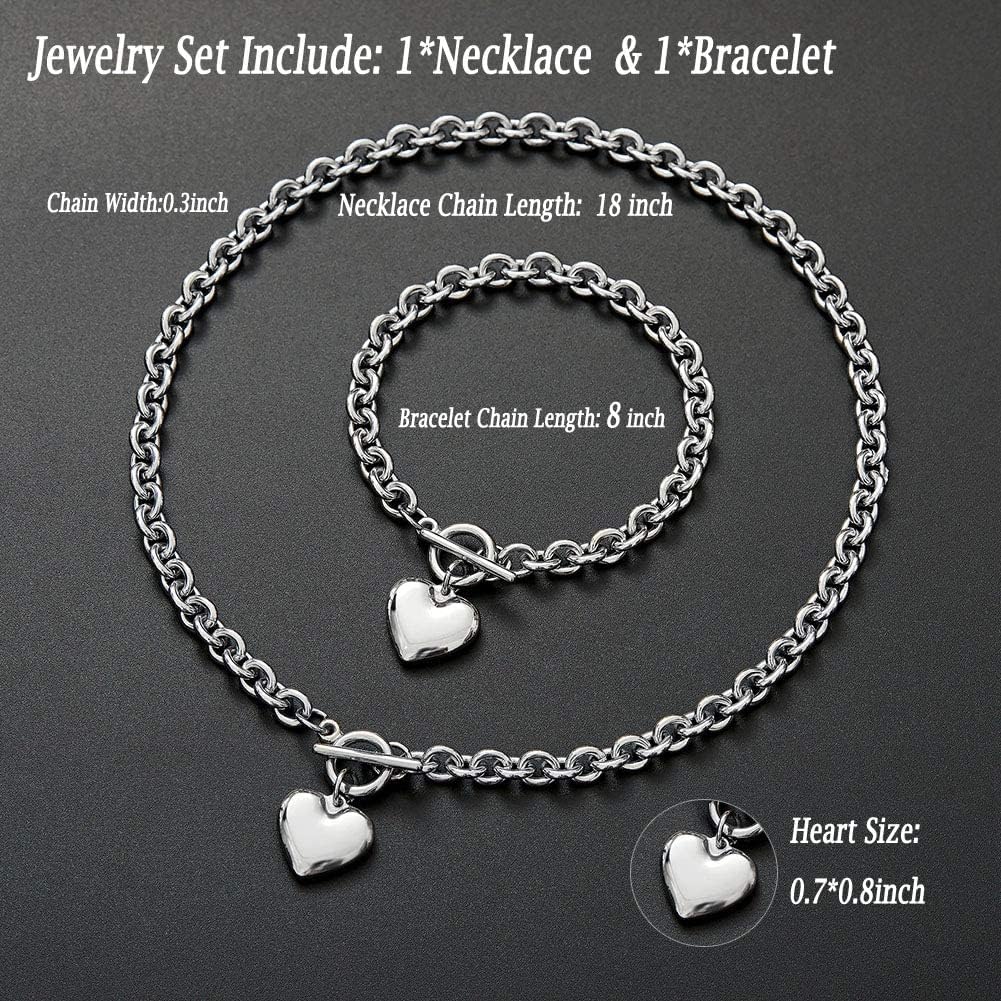 Silver 18k Gold Rose Gold Plated Charm Chunky Stainless Steel Chain Heart Toggle Choker Bracelet Necklace Set for Womens Fashion Valentine Jewelry Set - Image 6
