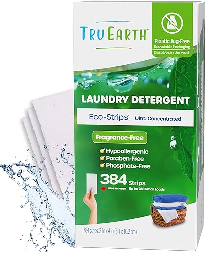 Tru Earth Hojas de detergente compacto para ropa seco, sin perfume, hasta 768 cargas (384 unidades), sin parabenos, detergente sin líquido Eco-Strip