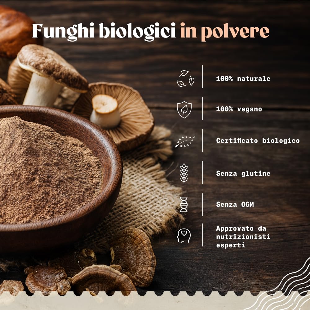 NaturaleBio Miscela di funghi in polvere 200g. Aumenta l'energia, favorisce la concentrazione, supporta l'intestino e il sistema immunitario. Bio, vegano, senza glutine e non OGM. Facile da consumare.