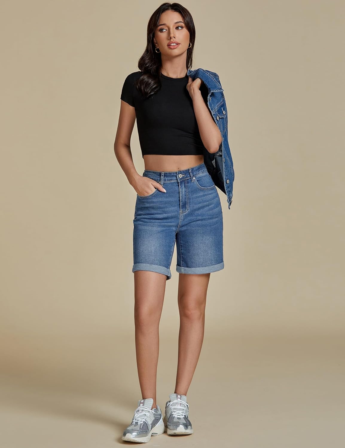 luvamia Jean Shorts for Women High Waisted Trendy Causal Summer Fold Hem Stretchy Long Denim Shorts 7 Inch Inseam - Image 9