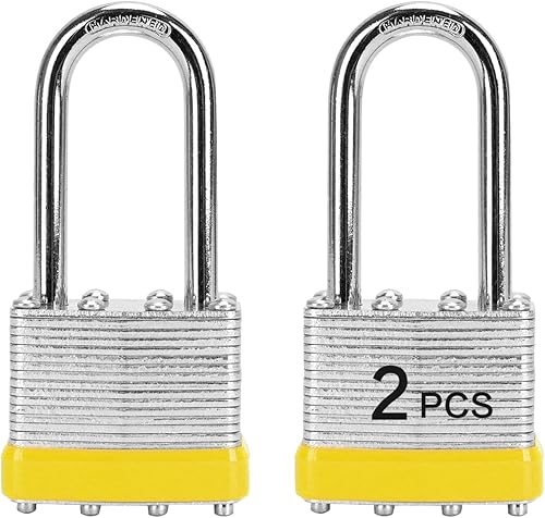 LQYN Candado laminado con llave (1-916 pulgadas, 1.575 in), cerraduras iguales con llave, aro azul, grillete largo, paquete de 2, cerradura para