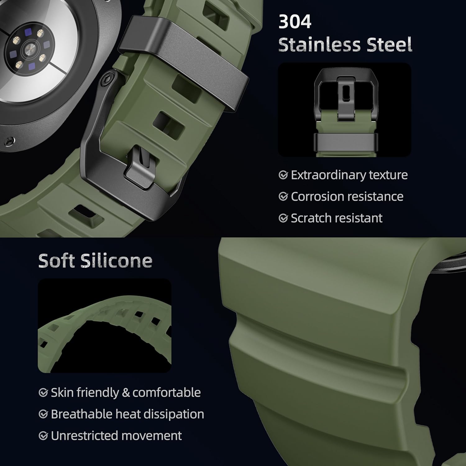 Rugged Silicone Bands Compatible with Samsung Galaxy Watch Ultra 47mm Band, Sport Strap with Stainless Steel Clasp for Galaxy Watch 7 Ultra Men Women (Green, Samsung Galaxy Ultra 47mm) - Image 2