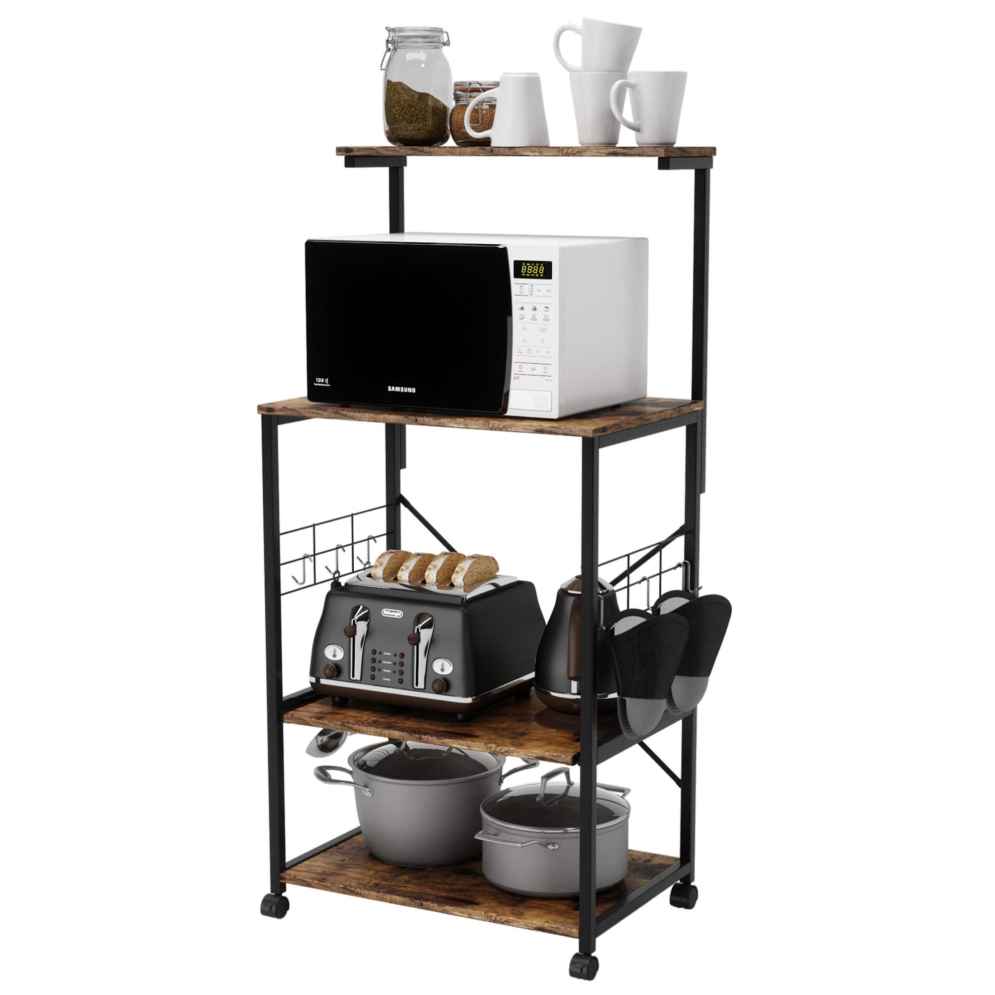 Bestier Bakers Rack Microwave Stand Rolling Cart on Wheels with Oven Mitts and 10 Side Hooks Kitchen Island with Storage Shelf Kitchen Organizer 4 Tier Shelves (Rustic Brown, Gray Duck Mitts)