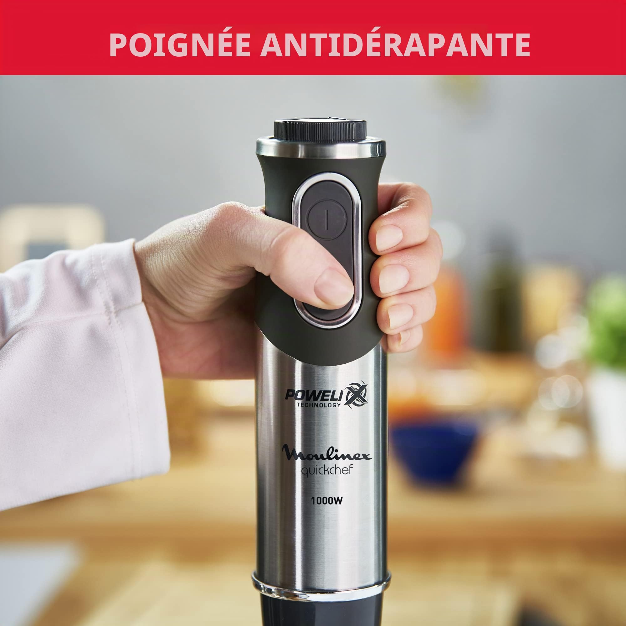 Moulinex QuickChef DD6578 Mélangeur manuel 1000 W avec régulateur de vitesse turbo avec 2 accessoires de découpe, hachoir et tasse à mesurer, dôme anti-éclaboussures, acier