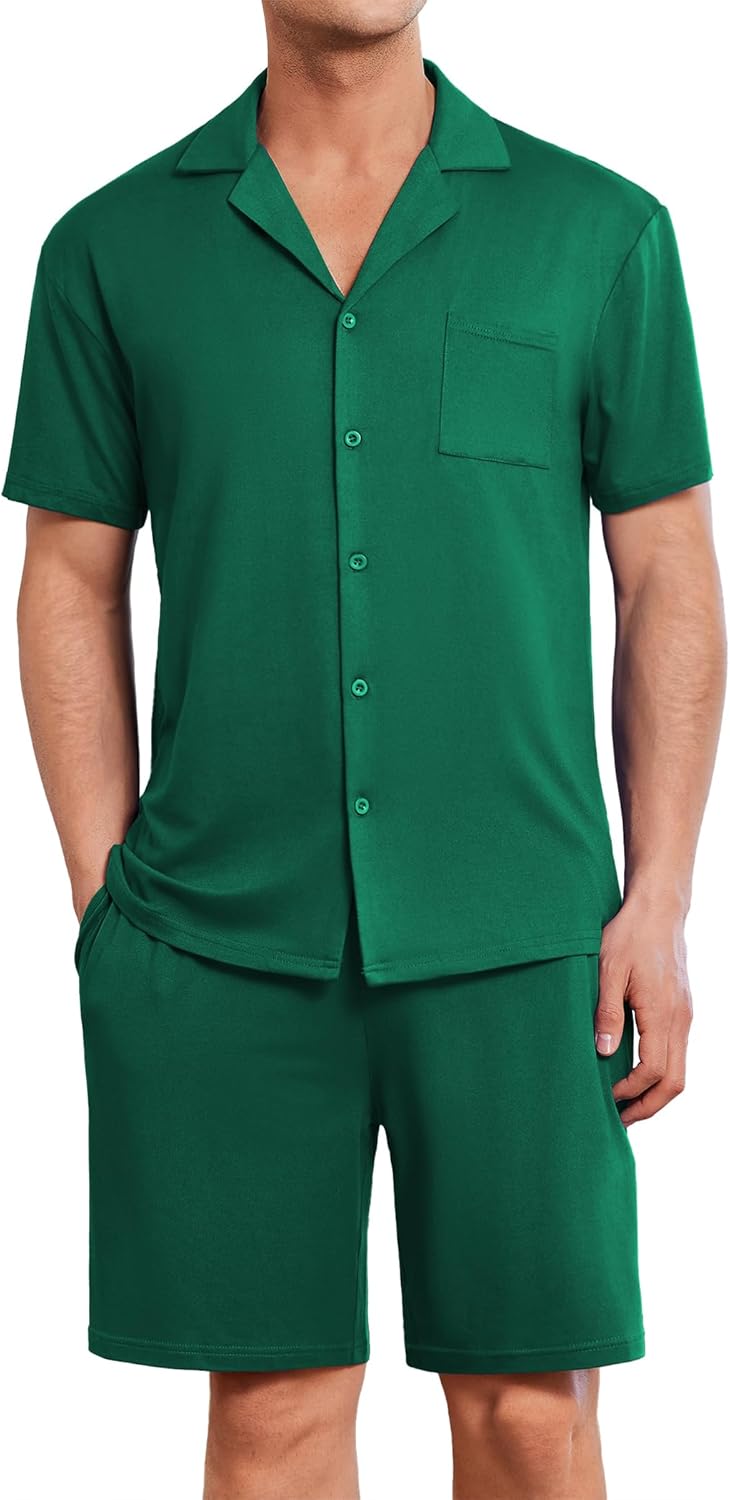 Ekouaer Mens Pajamas Set Short Sleeve Sleepwear Button Down Soft Loungewear 2 Piece Pj Shorts Sets with Pockets