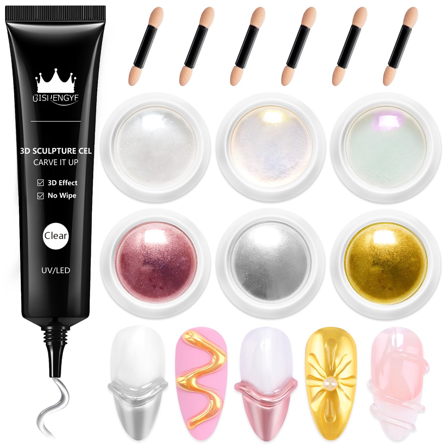 Gel à Gel 3d Ongle Multifonctionnel: 3d Ge l Nail Art 15g Pour Les Ongles Sans Essuyage Et 6pcs De Chrome Argent/Or, Poudre De Chrome Jaune Perle,De Pour La DéCoration (Rose/Rose)