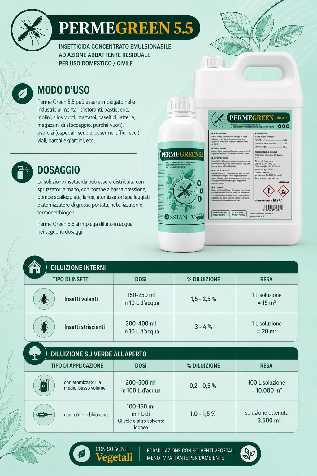 Ossian Permegreen 5.5 Insetticida Concentrato Inodore 1 LT – Permetrina, Tetrametrina e PBO – Azione Abbattente e Residuale – Contro Zanzare, Mosche, Scarafaggi, Blatte, Zecche – Interno/Esterno