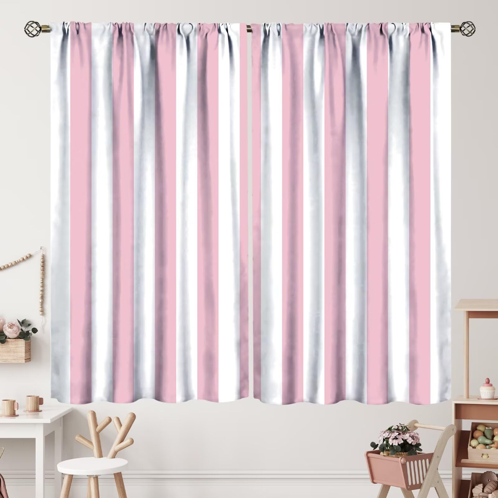 ZhiRain Pink and White Striped Curtains Vertical Stripe Geometric Modern Farmhouse Chic Style Curtain with Rod Pocket for Bedroom Living Room Drapes