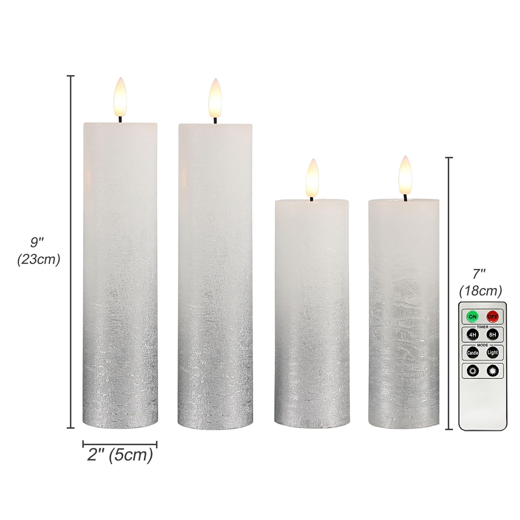 Fanna Set di 4 Candele Pilastro LED a Pile con Effetto Ombré Argento, Natale Decorazione luminosa Uso Interno - D 5cm