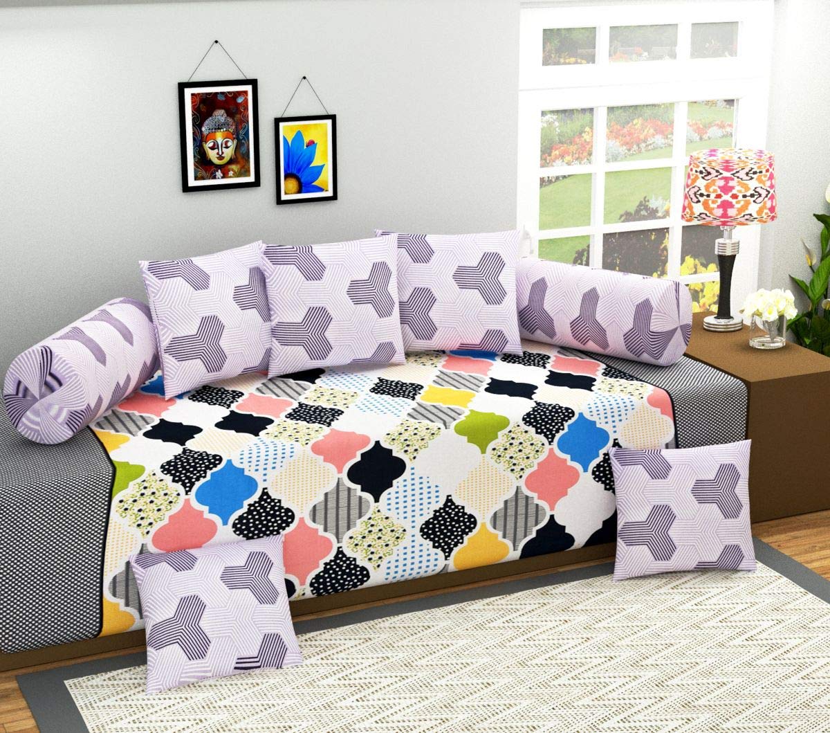 Shahi DIWAN Set, 1BEDSHEET for Single Bed, 2 Bolster Covers, 5 Cushion Covers, Microfiber Soft Fabric