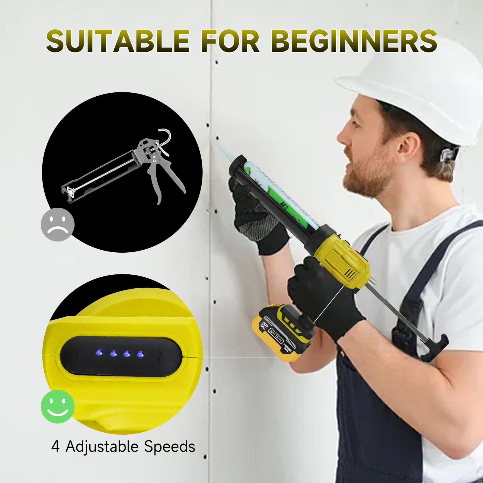 Pistola de calafateo inalámbrica con batería de 3000 mAh para herramienta de calafateo de batería Dewalt de 20 V, pistola de calafateo eléctrica con 4 velocidades, pistola de pegamento de vidrio