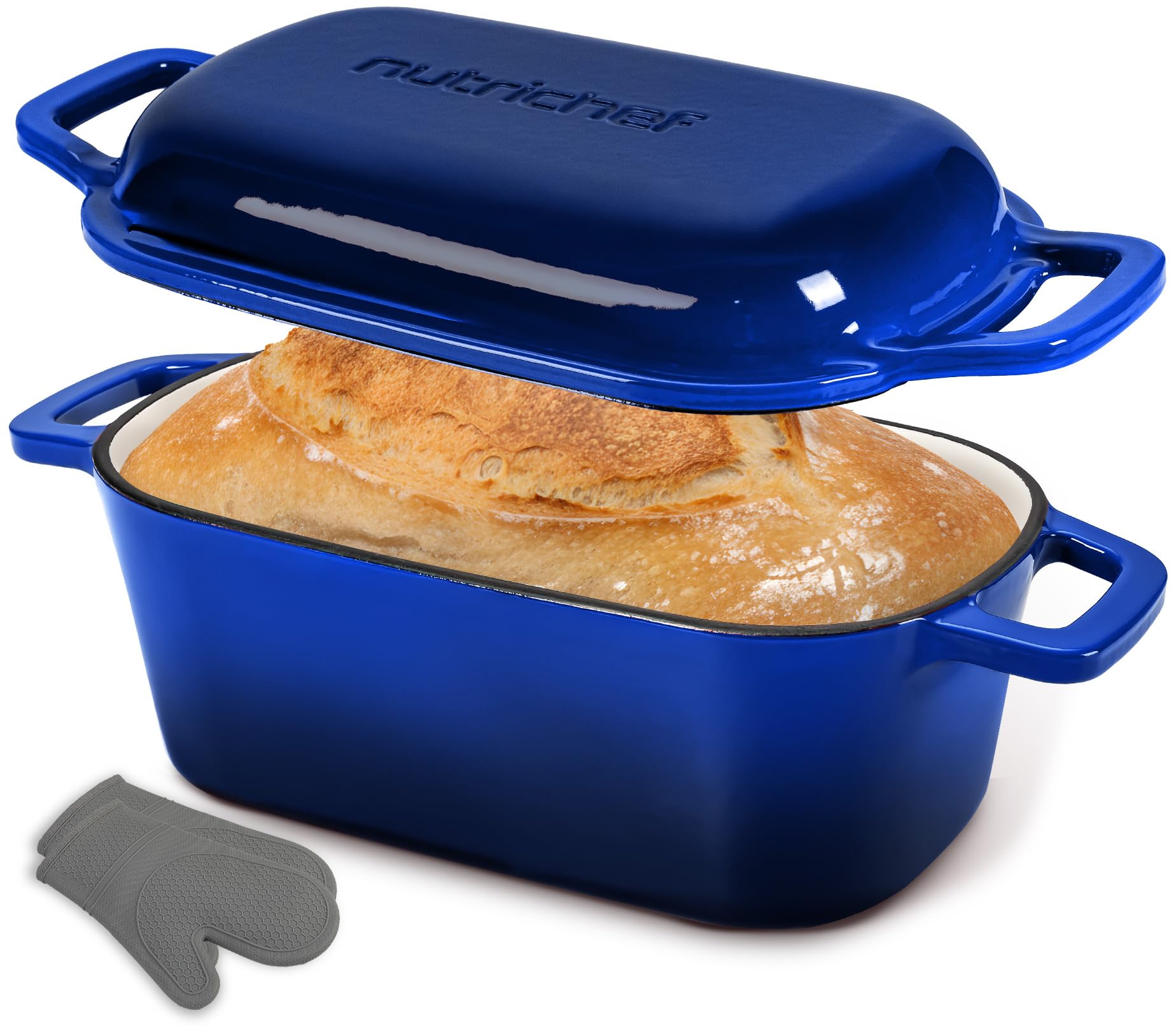 NutriChef Teglia per Pane in Cassetta 25 cm in Ghisa Smaltata con Coperchio e Guanti in Silicone, Stampo Pane in Cassetta Resistente al Forno 260 °C, per Cosce di Pollo, Spezzatino di Manzo, Lasagna