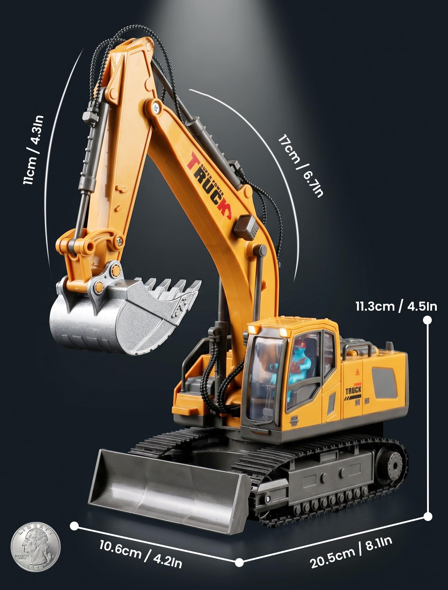 Pelle à télécommande, 1 Canal métal RC Construction véhicule Jouet avec lumières, Son, fumée