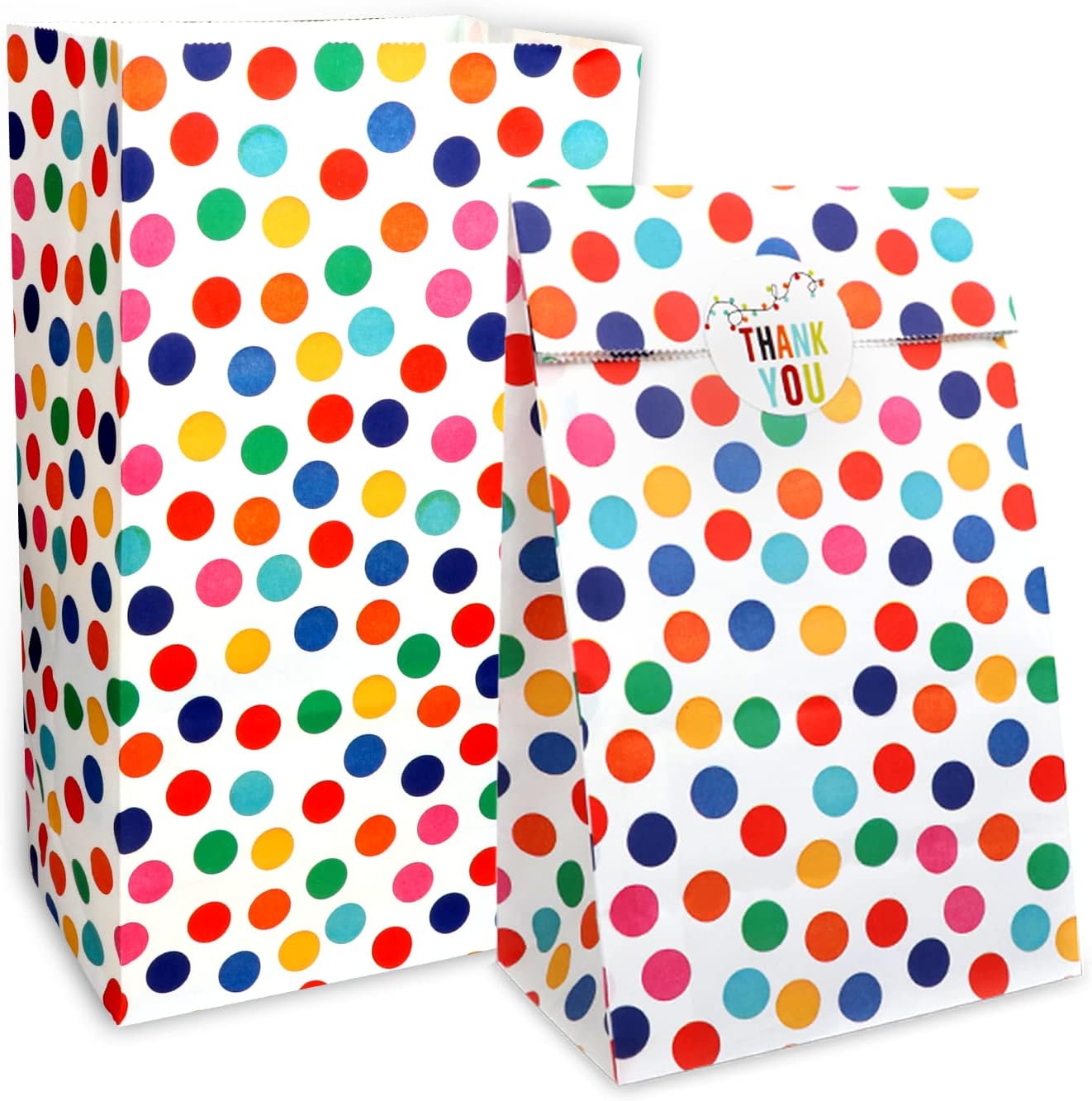 RFWIN 20Pcs Rainbow Dot Kids Birthday Paper Bags with Stickers, Multicolor, 13 x 8 x 24 cm, Multi-purpose, Gift Bags