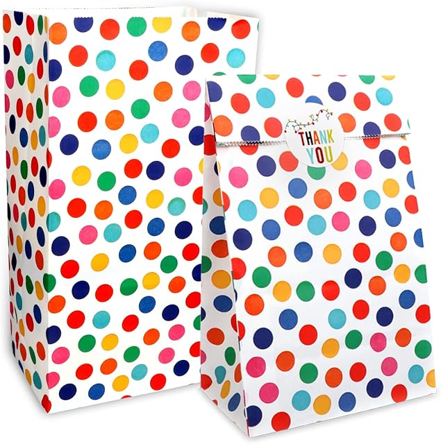 RFWIN 20Pcs Paper Party Bag Kraft Paper Candy Bags, Rainbow Dot Kids Birthday Paper Bags with Stickers Paper Gifts Sweets Bags for Baby Shower Wedding Valentines' Day