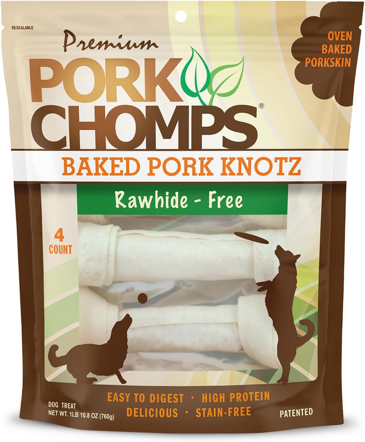 Pork ChompsBaked Pork Skin Dog Chews, 11-inch Knots, 4 Count