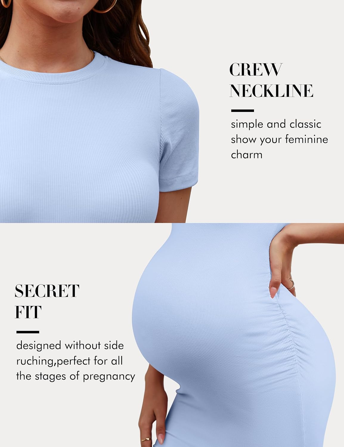 Peauty Maternity Ribbed Crew Neck Bodycon Dress Short Sleeve Baby Shower Dress Casual Lounge Pregnancy Dress - Image 4