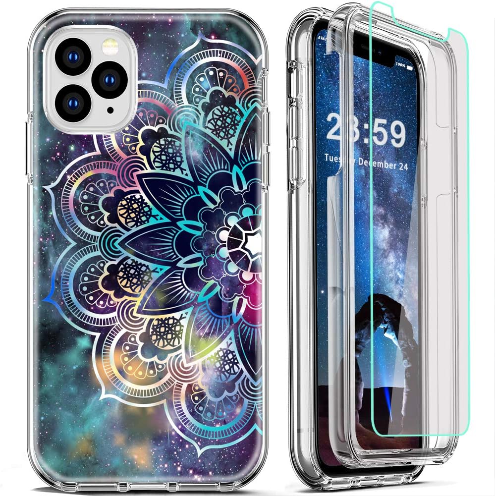 COOLQO Compatible for iPhone 11 Pro Max Case, 360 Full Body Coverage Hard PC+Soft Silicone TPU 3in1 Certified Military Shockproof Phone Protective with [2 x Tempered Glass Screen Protector]-Mandala