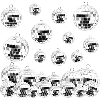 Disco Mirror Ball Pack of 25 Silver Mirror Ball for Hanging Mini Disco Ball Decoration Small Disco Balls with Rope for Home Party Wedding Christmas Tree Birthday Party Decoration 4 Sizes
