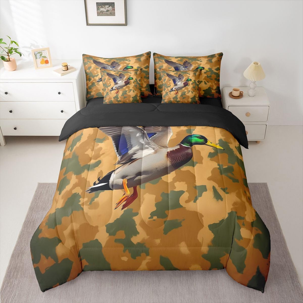 Feelyou Mallard Duck Comforter Set Twin Size 7 Pieces Camouflage Bedding Set for Kids Boys Girls Camo Duck Bed in a Bag with Comforter, Sheets, Pillowcases, Cushion Covers Military Style