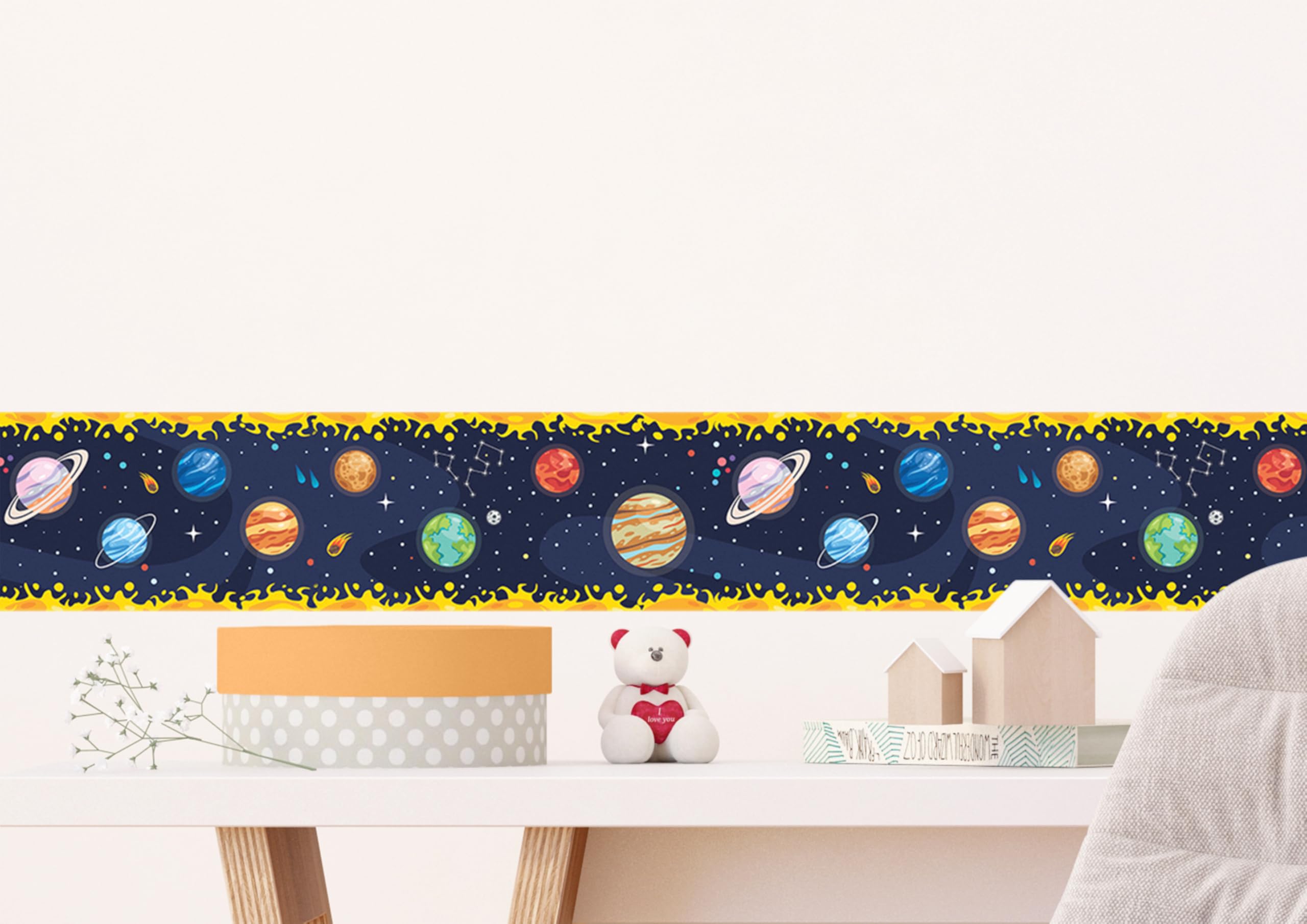 AG Design Selbstklebende Bordüre Kosmische Parade, AWBD 8258 | Wasserfest Kinderzimmer Wand Aufkleber Dekoration | Wandbordüre für Mädchen und Junge | Folie, Mehrfarbig | Breite 500 cm x Höhe 13.8 cm