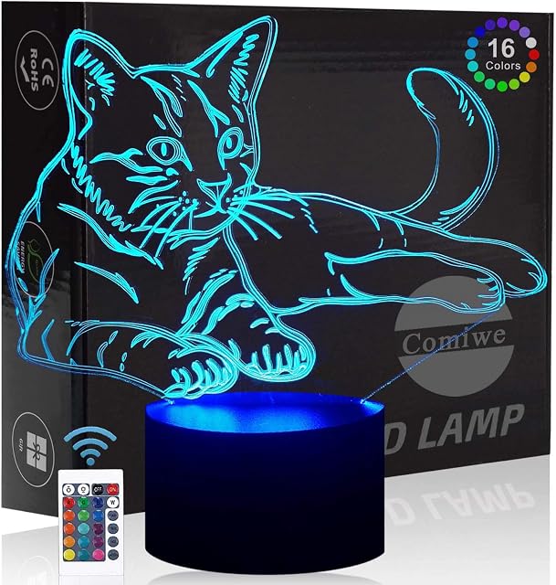 Comiwe Cat (A) 3D Illusion Night Light Toys,16 Colours Change Smart Touch & Remote Control,Home Decor LED Bedside Table Desk Lamp,Christmas Birthday Gift for Girls Boys Kids Adults Friends & Family
