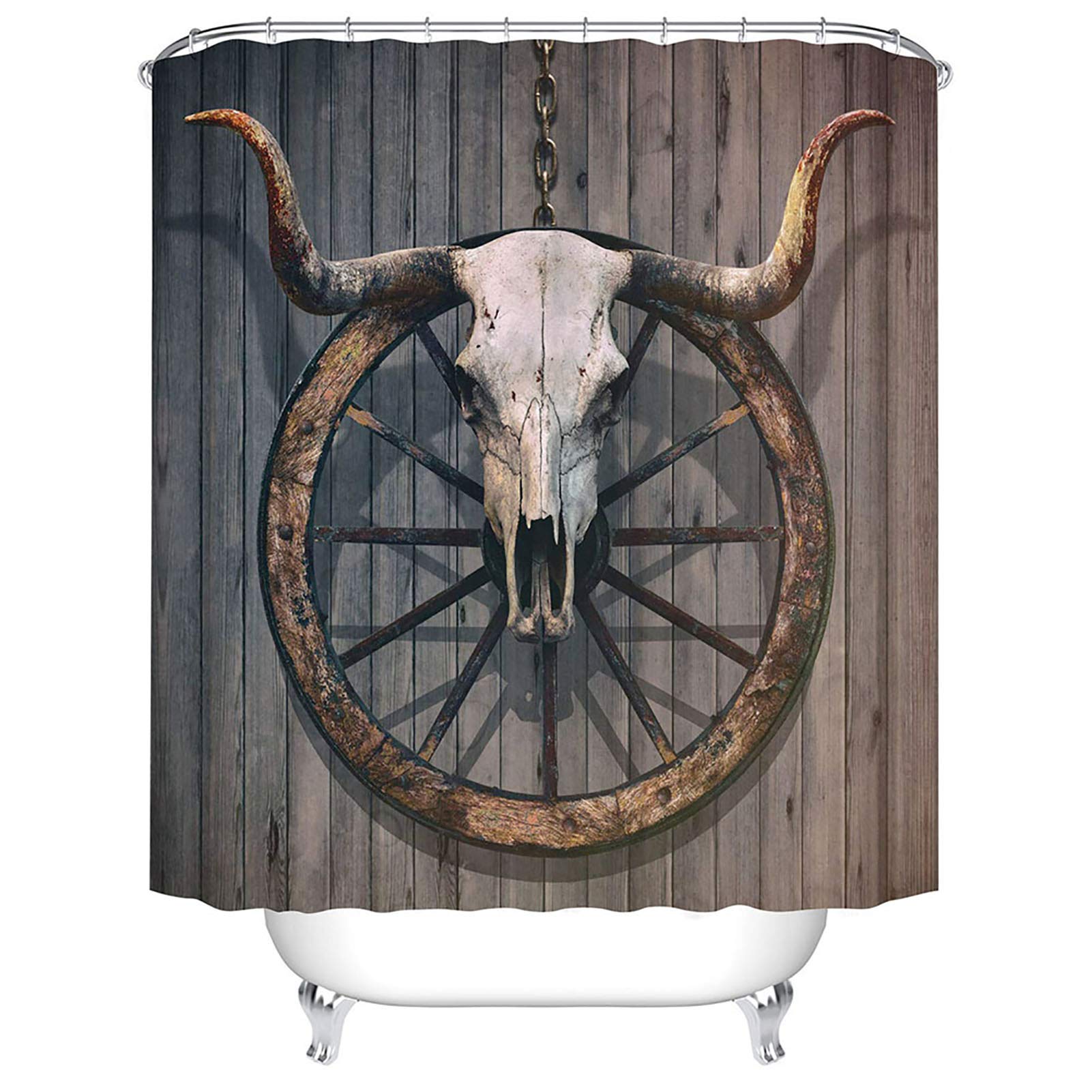 BOYOUTH Bull Skull and Wooden Board Pattern Digital Print Shower Curtain for Bathroom Decor,Polyester Waterproof Fabric Bath Curtain with 12 Hooks,70x70 Inches,Multicolor โ image 1