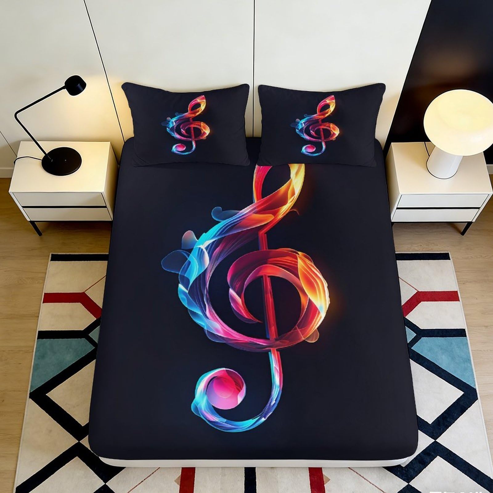 3D Printed Colorful Treble Clef Fitted Sheet Microfiber Soft Breathable Music Symbol Mattress Cover for Bedroom Dormitory Guest Room Mattress Protection Decor 200x200x25cm