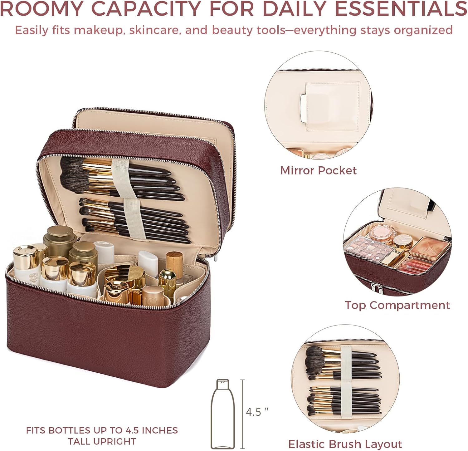 Double Layer Makeup Vanity Case, Large Capacity Cosmetic Bag with Removable Divider & Brush Organizer, Travel Toiletry Bag for Women, Portable PU Leather Organizer with Handle