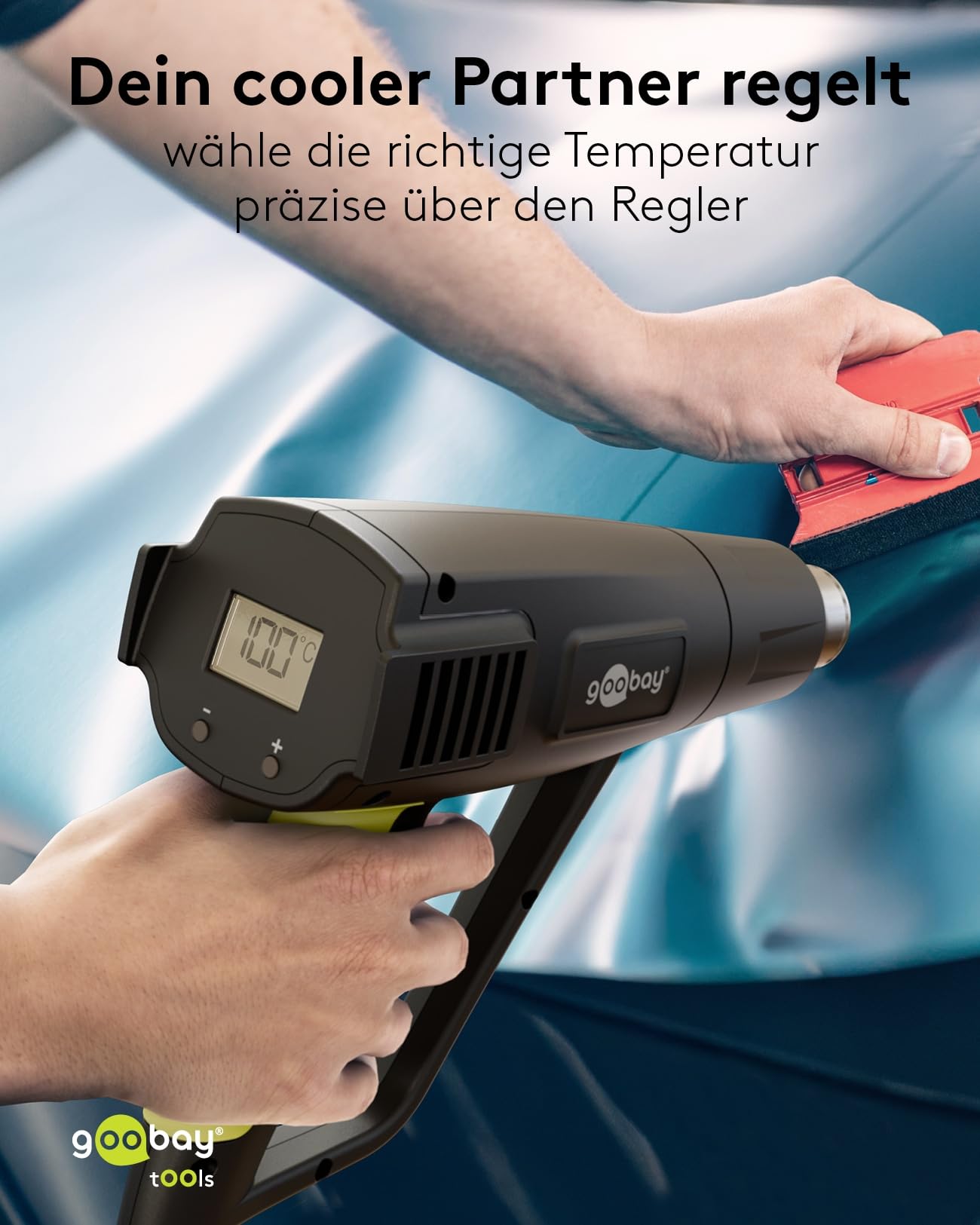 goobay Pistola ad aria calda da 1500 W, display LCD, 2 intervalli di temperatura regolabili (100°C-650°C), flusso d'aria 450I/min, con 4 inserti per tubi termoretraibili, dissaldatura, deformazione