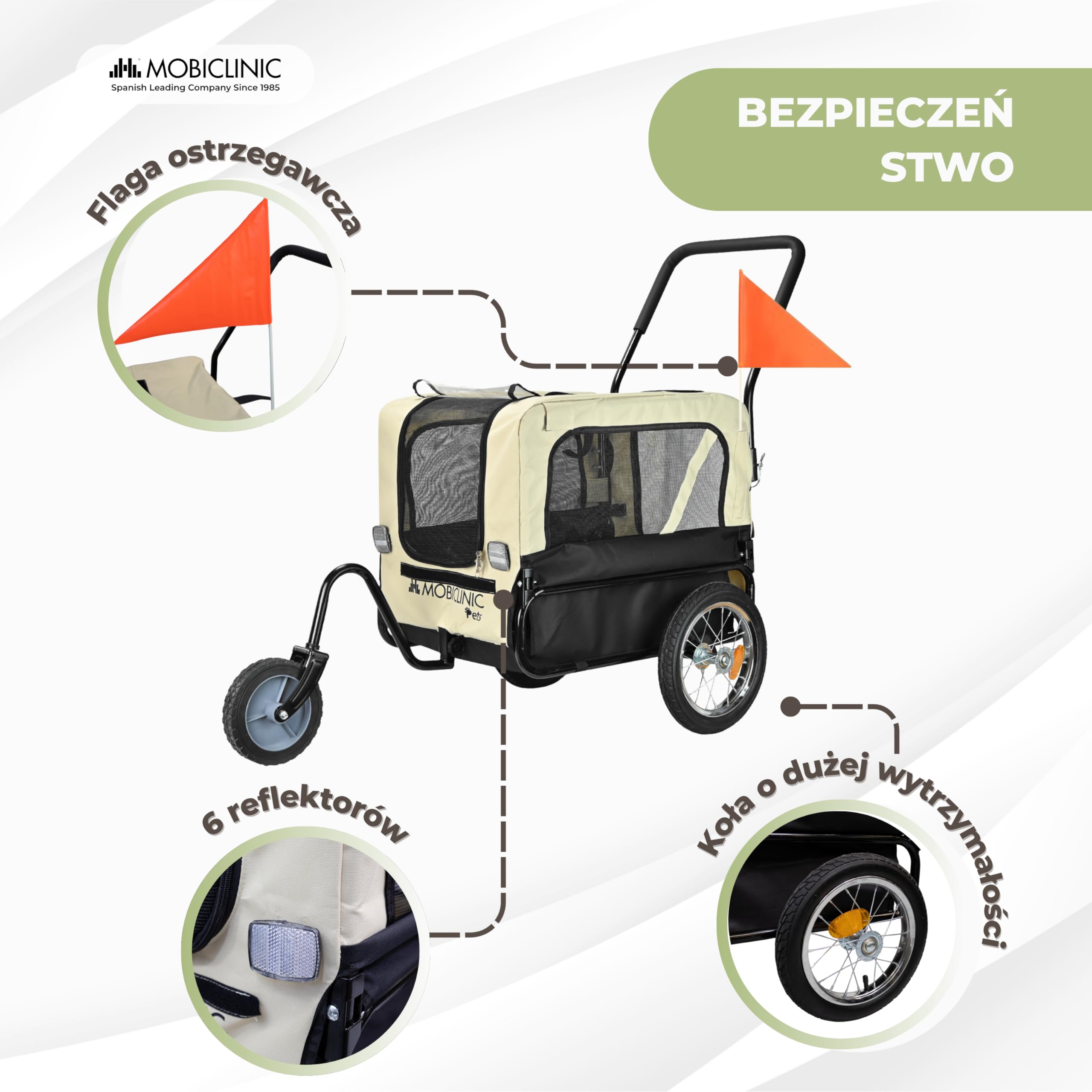 Mobiclinic®, Przyczepka Rowerowa dla Psa + Wózek Transportowy, 2 w 1, Do 40 kg, Wodoodporna Osłona, 123x67x100 cm, Flaga i Odblaski, Oxford 600D, dla Psów Małych i średnich