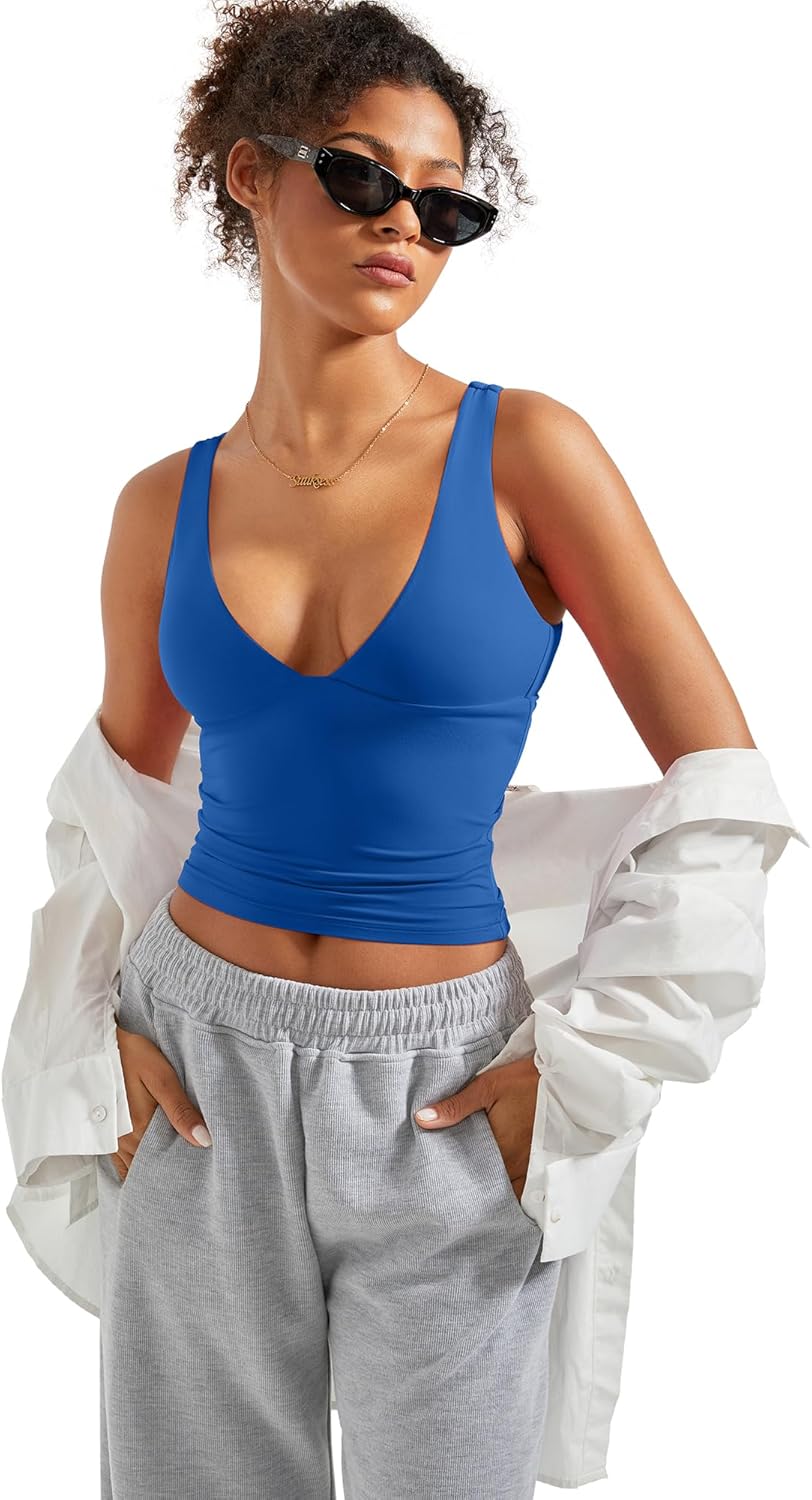 SUUKSESS Women Sexy V Neck V Back Tank Top Summer Sleeveless Going Out Double Lined Basic Tops - Image 5