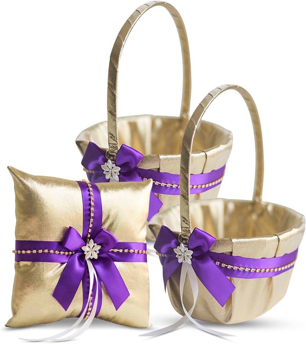 Gold & Purple Jewel Wedding Ring Bearer Pillow and Flower Girl Basket Set – Satin & Ribbons – Pairs Well with Most Dresses & Themes – Splendour Every Wedding Deserves