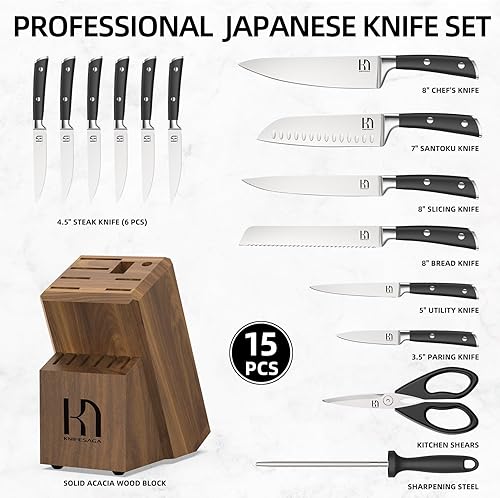 Miniatura 9 de KnifeSaga - Juego de cuchillos de cocina de acero inoxidable de alto carbono japonés de 15 piezas con bloque y afilador, juego de cuchillos de chef