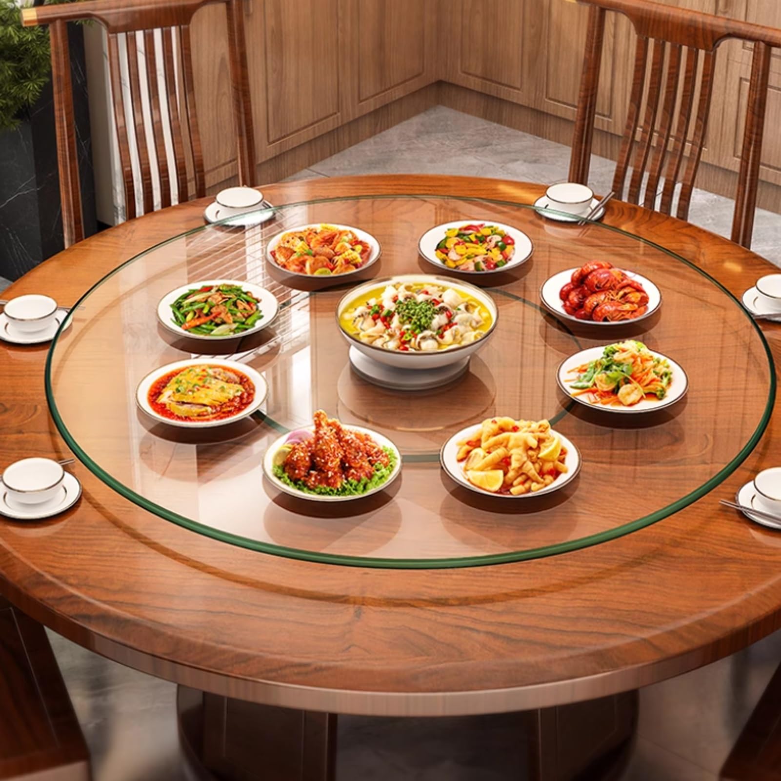 Ayharylh One Color Glass Lazy Susan Turntable Dining Table 80 Cm (30 Inch) Tempered Glass Lazy Susan Swivel Large Tabletop Serving Plate With Silent Bearing Centerpieces For Dining Table Serving Plate
