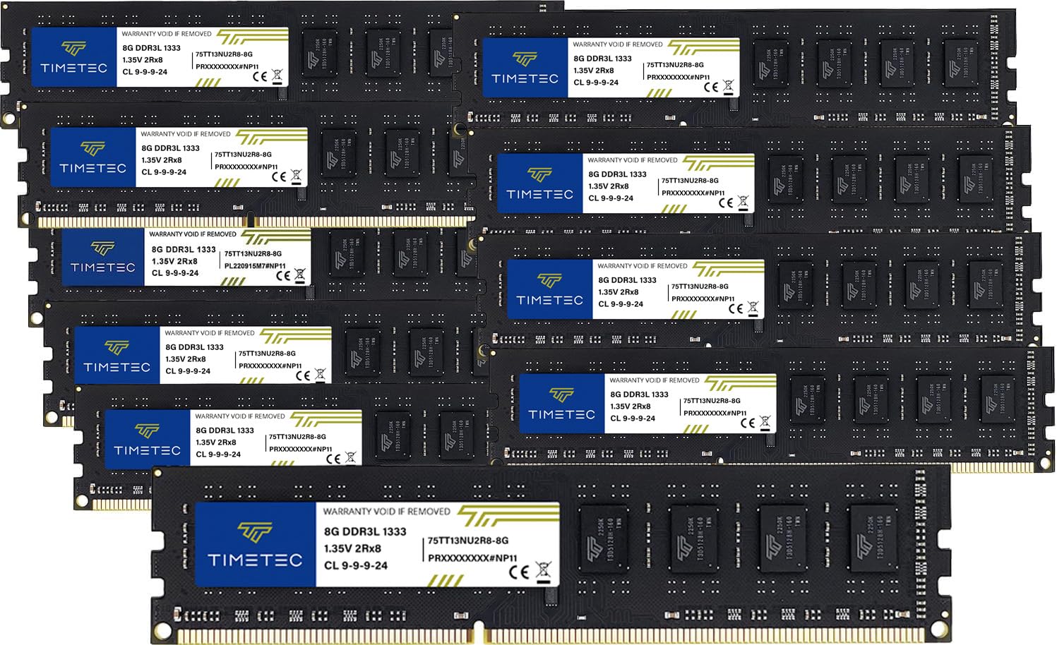 Timetec Zestaw 80 GB (10 x 8 GB) DDR3 / DDR3L 1333 MHz PC3-10600 bez ECC niebuforowany 1,5 V / 1,35 V CL9 2Rx8 Dual Rank 240-pinowy UDIMM PC komputer stacjonarny pamięć RAM moduł aktualizacja (zestaw