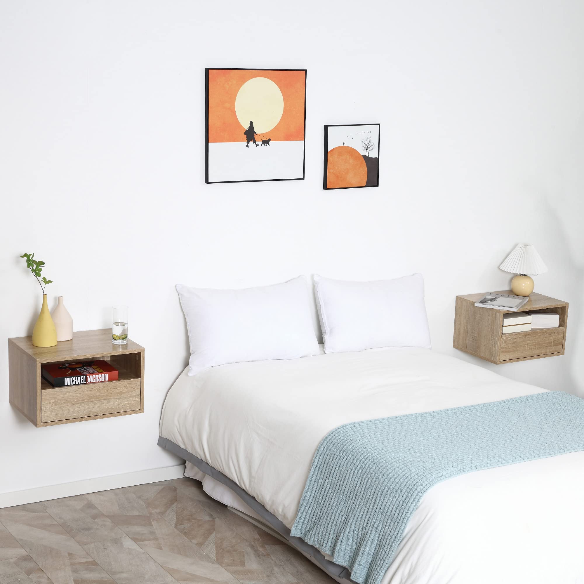 Homcom Set van 2 Nachtkastjes, set van 2 nachtkastjes, schuiflade, nis, lade, licht eiken look, spaanplaat