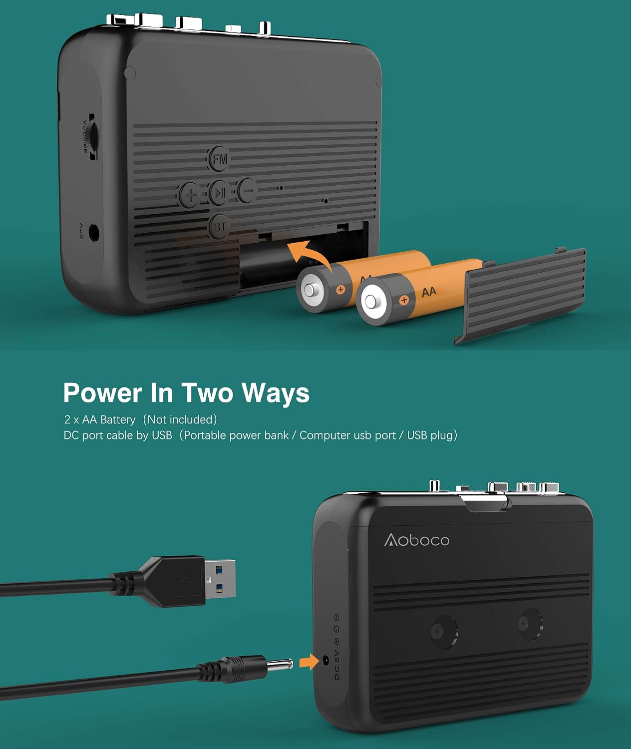 AOBOCO Bluetooth Cassette Player with Headphone, Tape Player Bluetooth Output Bluetooth Input Bluetooth Receiver and Transmitter Walkman FM Radio, Battery or USB Power Supply, 3.5mm Headphone Jack