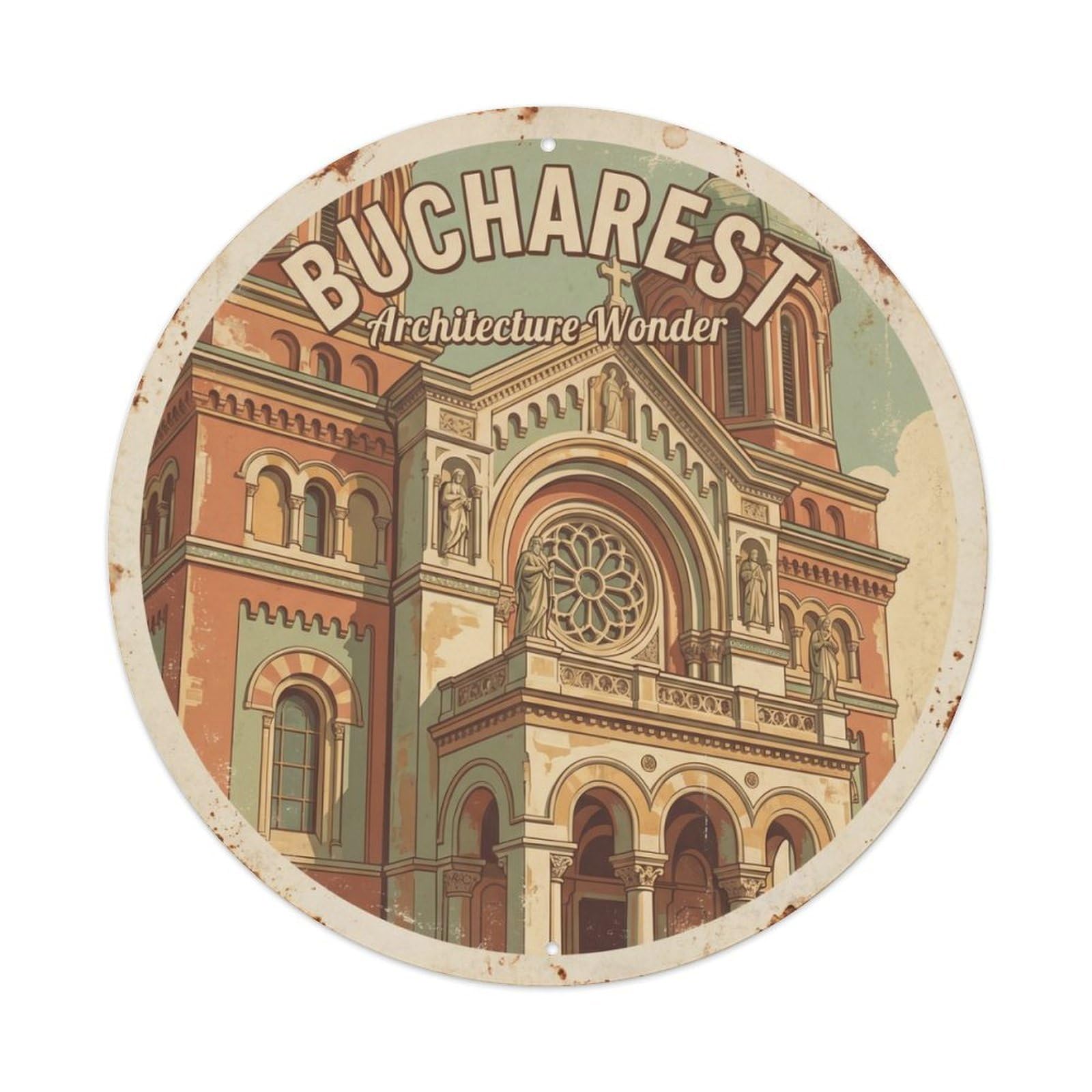 Vintage Travel Bucharest Cathedral Architecture Metal Tin Sign