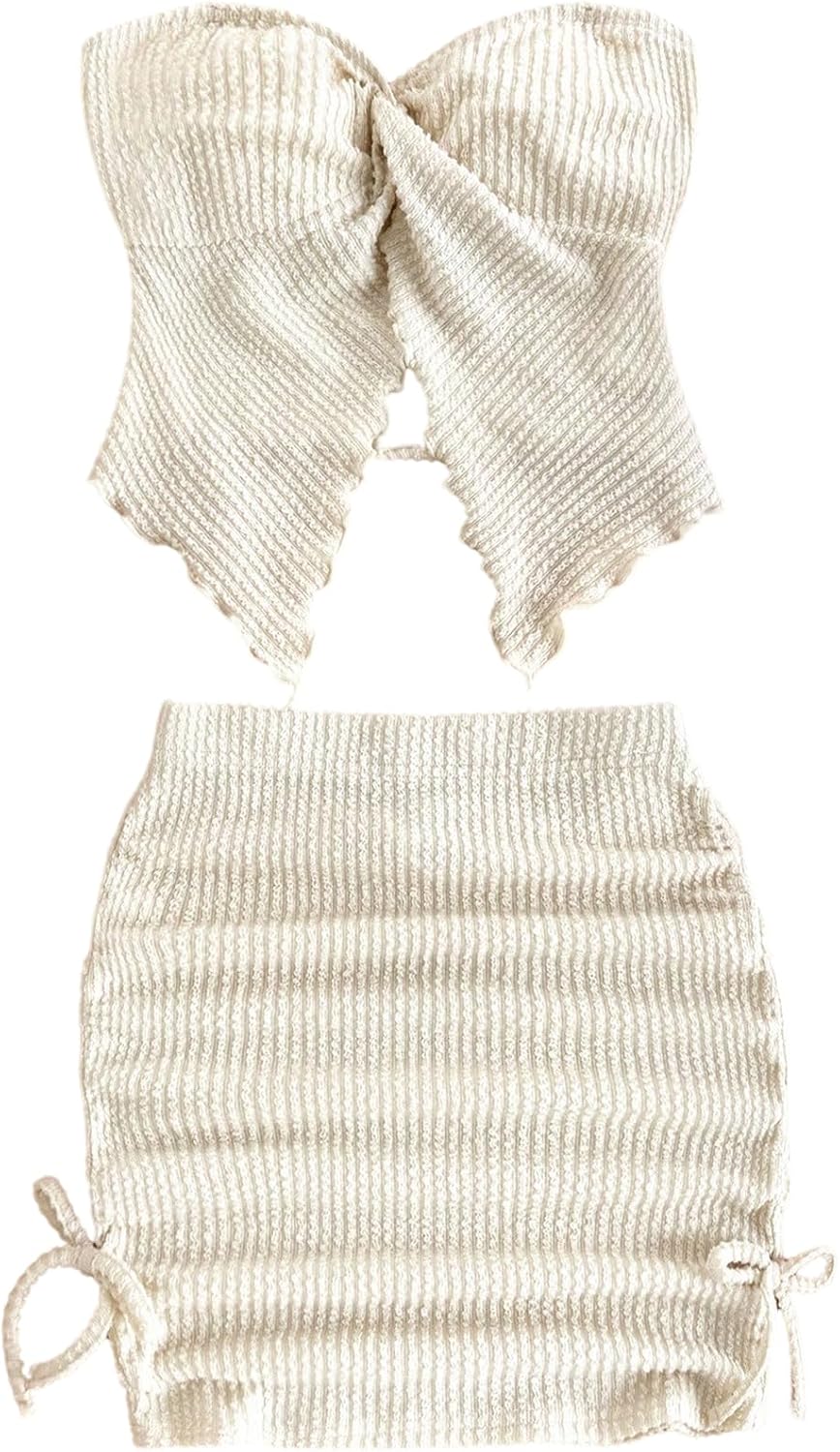 OYOANGLE Girl's 2 Piece Outfits Textured Twist Split Hem Strapless Top and Drawstring Short Skirt Set