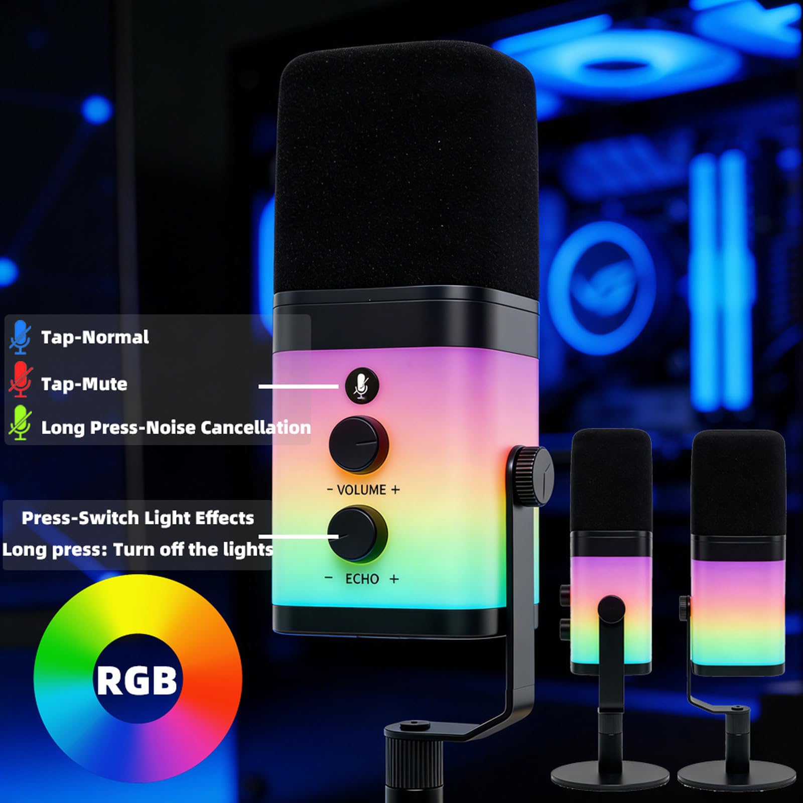 Micrófono dinámico de fidelidad con interfaces USB XLR y Efectos de luz de Color para Creadores de contenidos Captación de transmisión en Color