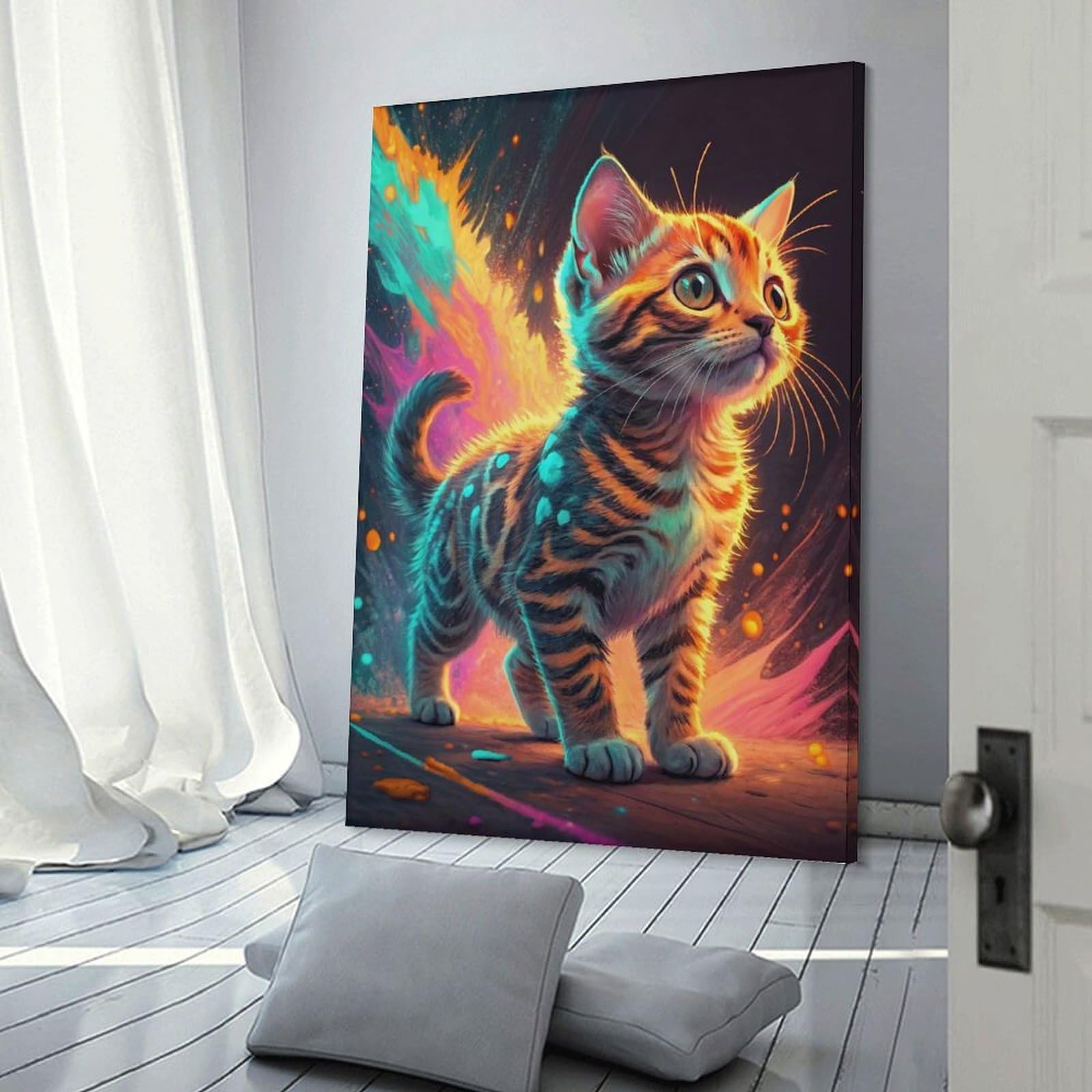 Junmoney Home Decor Wall Art Kitten with Fiery Aura, 24x36inch(60x90cm), for Workspace Walls, Study Corners Or Bedrooms, A Smart Decor Choice for Study Walls
