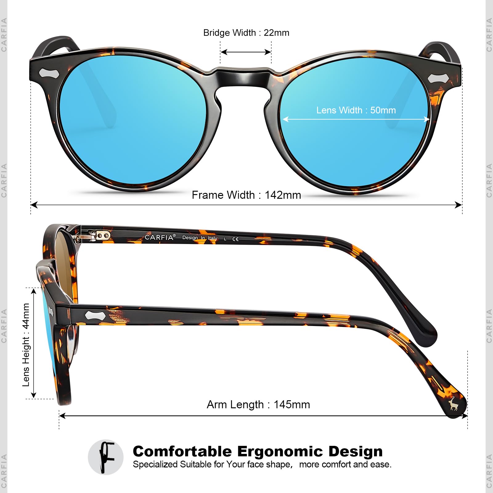 Carfia Retro Occhiali da Sole da Uomo Polarizzati Occhiali Unisex per Uomo e Donna con Struttura in Acetato e Protezione UV400