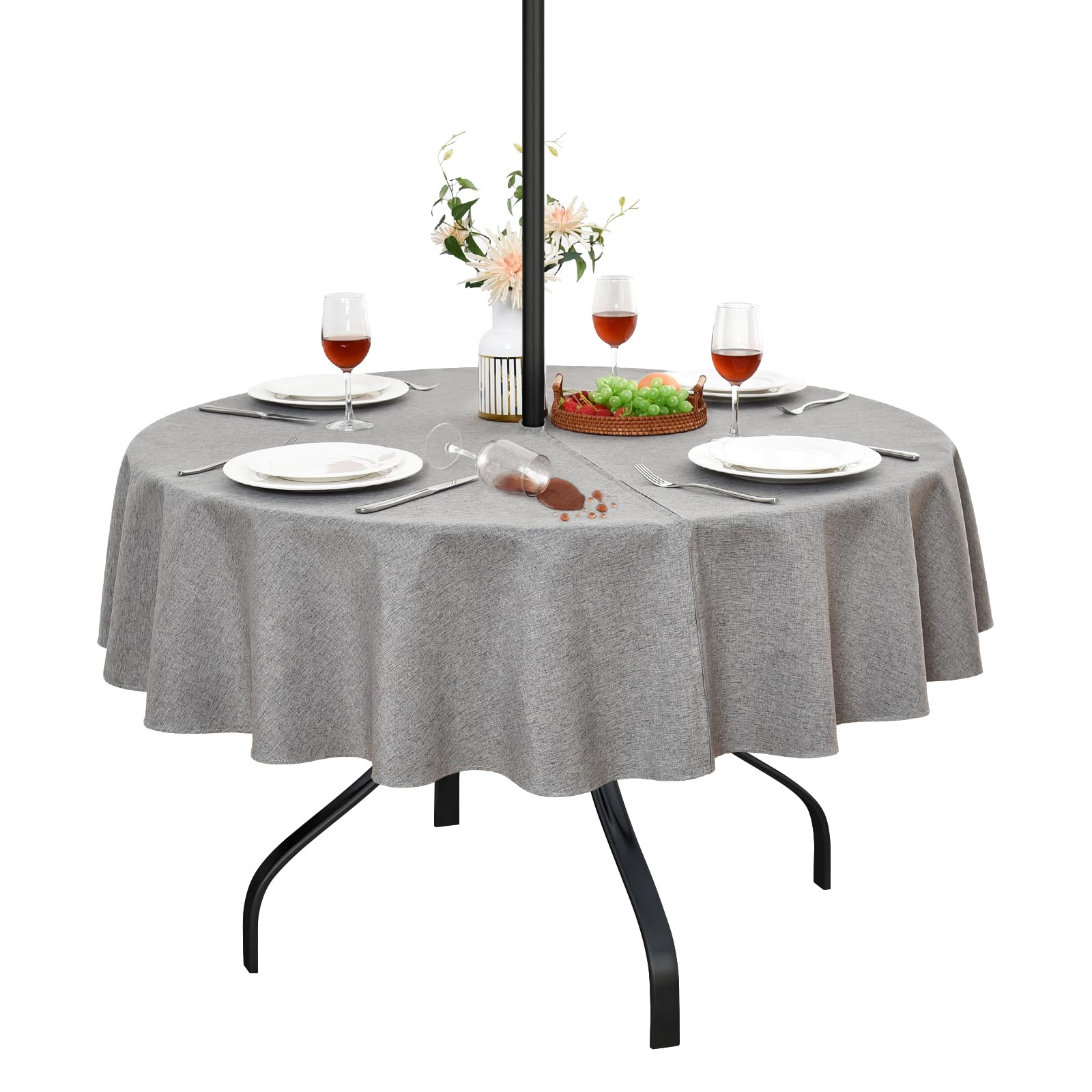 Wolkemer Water Resistant Outdoor Grey Tablecloth with Umbrella Hole and Zipper, 70 inch Round Faux Linen Table Cloth Wipeable Patio Table Cover for Picnic Camping Party