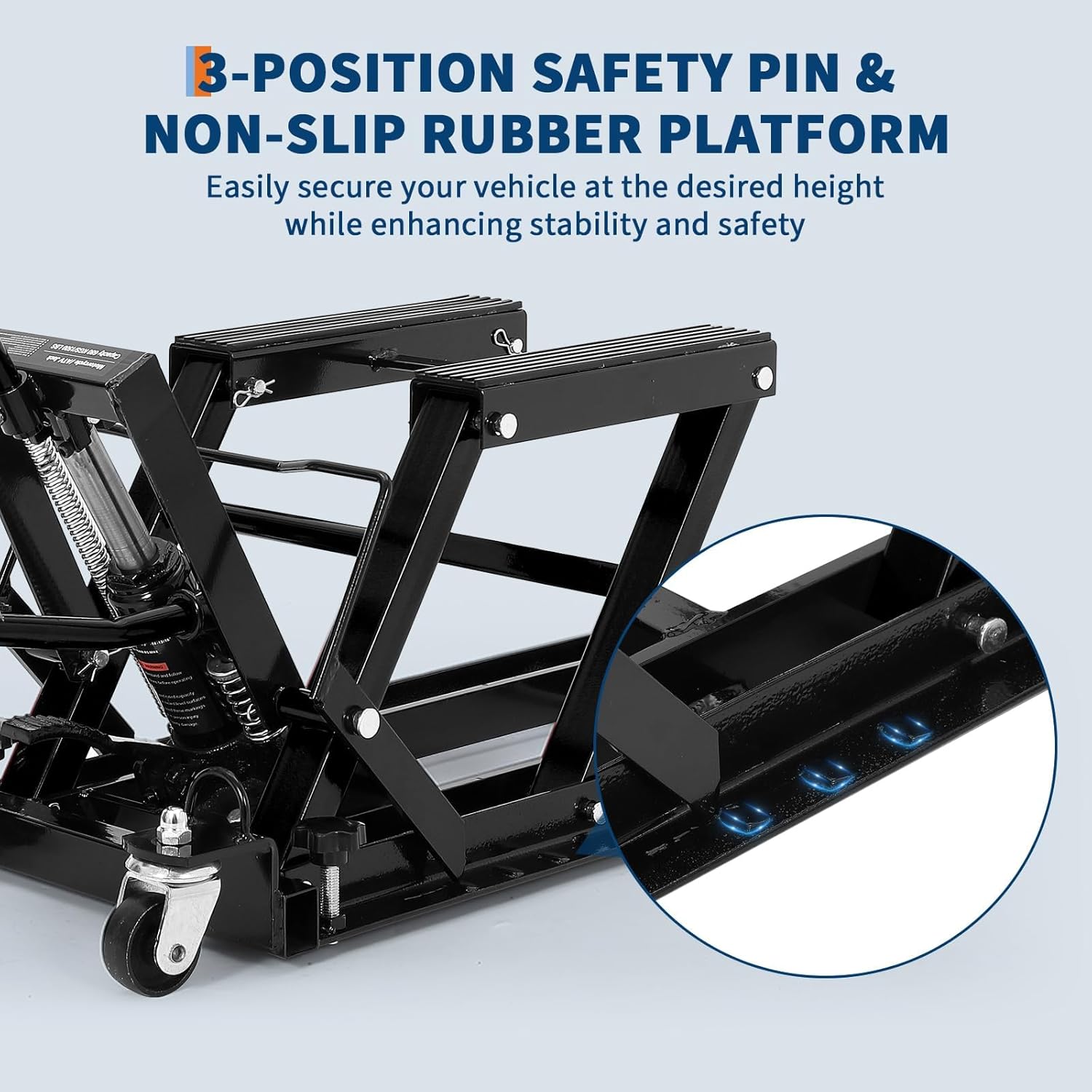 1500LBS/680KG Hydraulic Motorcycle ATV Lift Jack with 3-Position Safety Lock, Foot Pedal, Low Profile & Swivel Casters, Heavy Duty Steel for Garage Maintenance