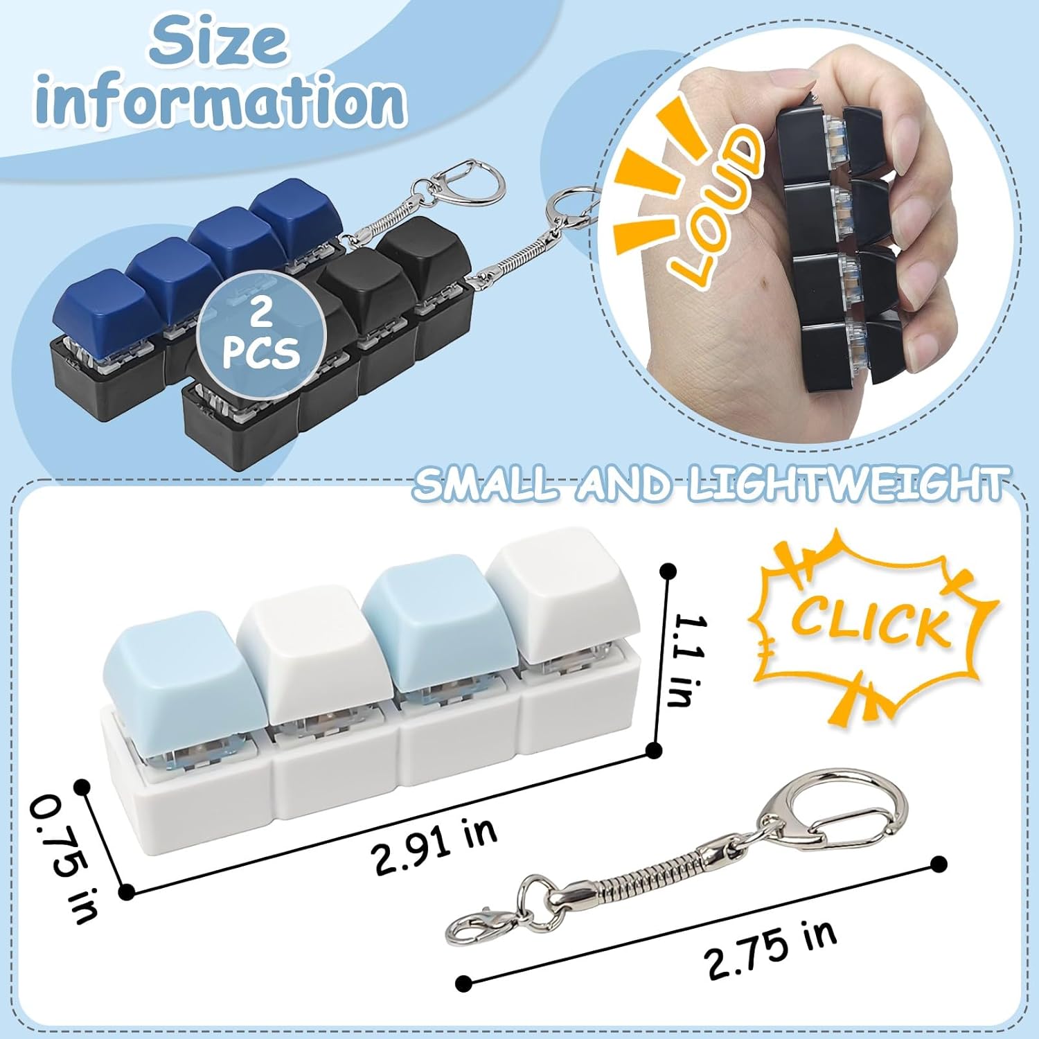 Keyboard Fidget Toys for Adults，Mechanical Button Keyboard，Sensory Toys for Anxiety Stress Relief，Portable Sensory Anxiety Relief Keychain (Black + Blue)
