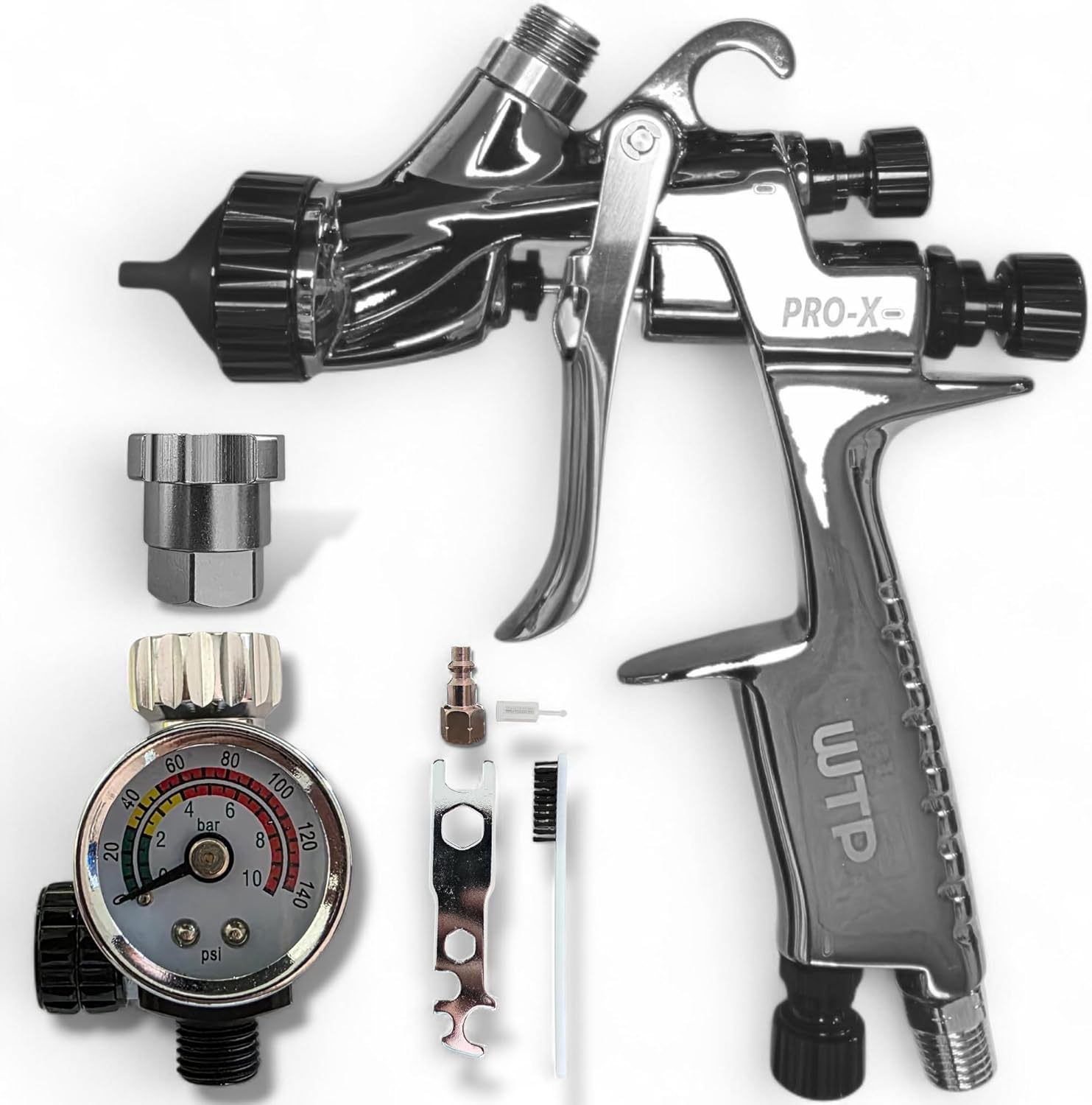 Spray Auto Paint Gun WTP TOOLS PRO-X 1.3 MP + Air Regulator + Adapter + Brush + Tools - No Cup/Clearcoat/Sealer/Basecoat