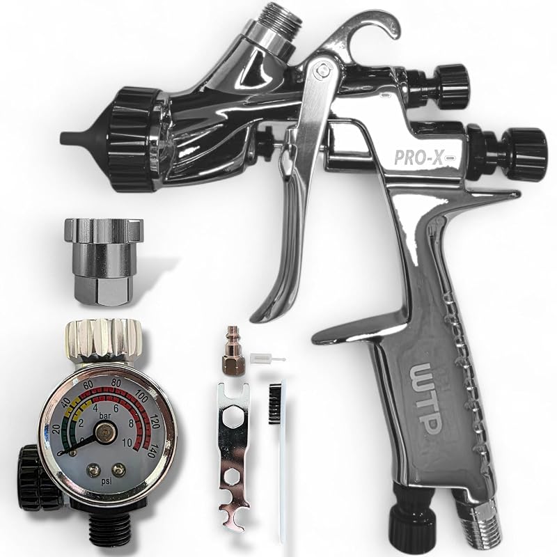 Pistola de Pintura Automotiva WTP TOOLS PRO-X com Bico 1,3 mm, Regulador de Ar, Adaptador, Escova e Ferramentas