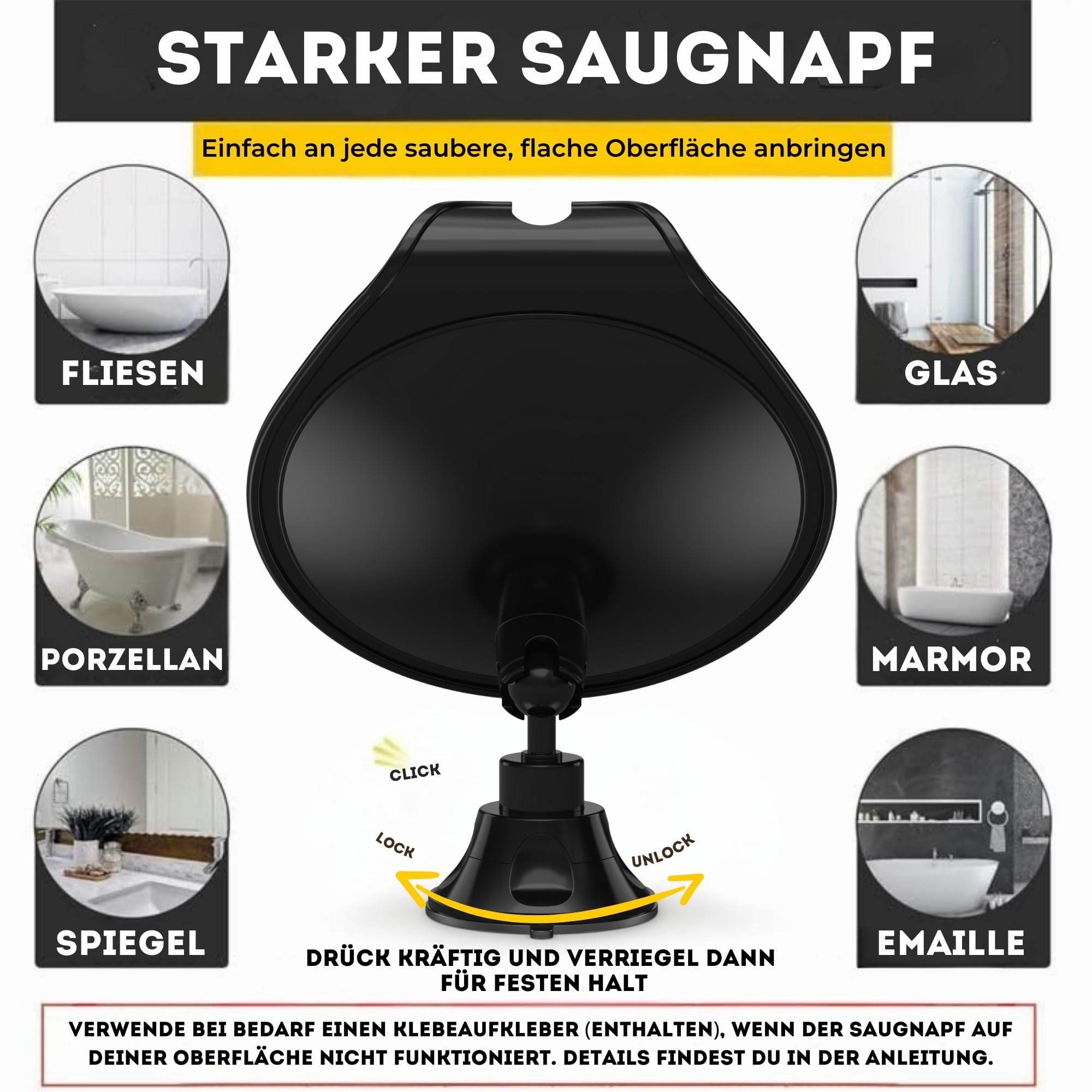 HONEYBULL Rasierspiegel für die Dusche ohne Beschlagen - mit Saugnapf, Rasierhalter & Drehfunktion, Kompakter Duschspiegel für das Badezimmer, Ideal zum Rasieren und Schminken, Schwarz